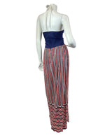 VINTAGE 60s 70s BLUE RED WHITE STRIPED DOTTY KNITTED MOD HALTER MAXI DRESS 8 10