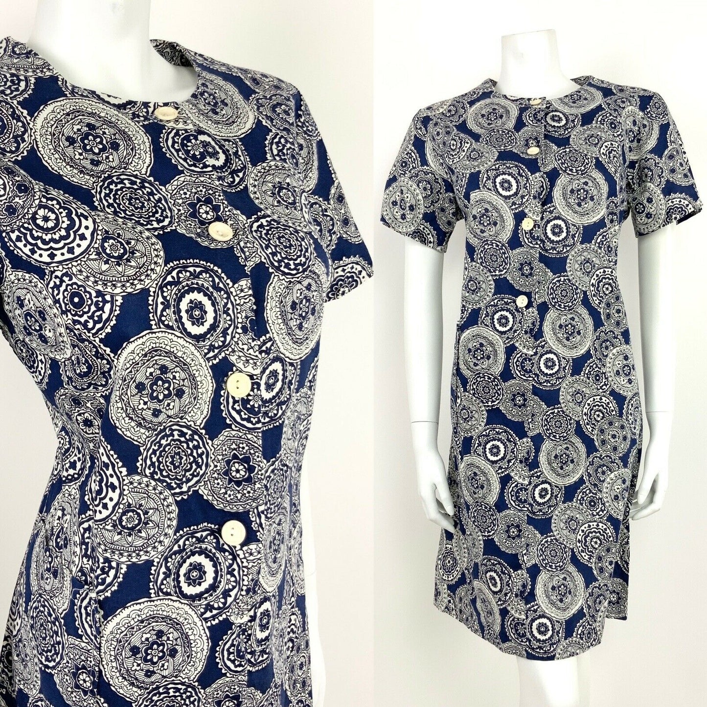 VINTAGE 60s 70s NAVY BLUE WHITE GEOMETRIC FLORAL MANDALA SHIFT DRESS 12