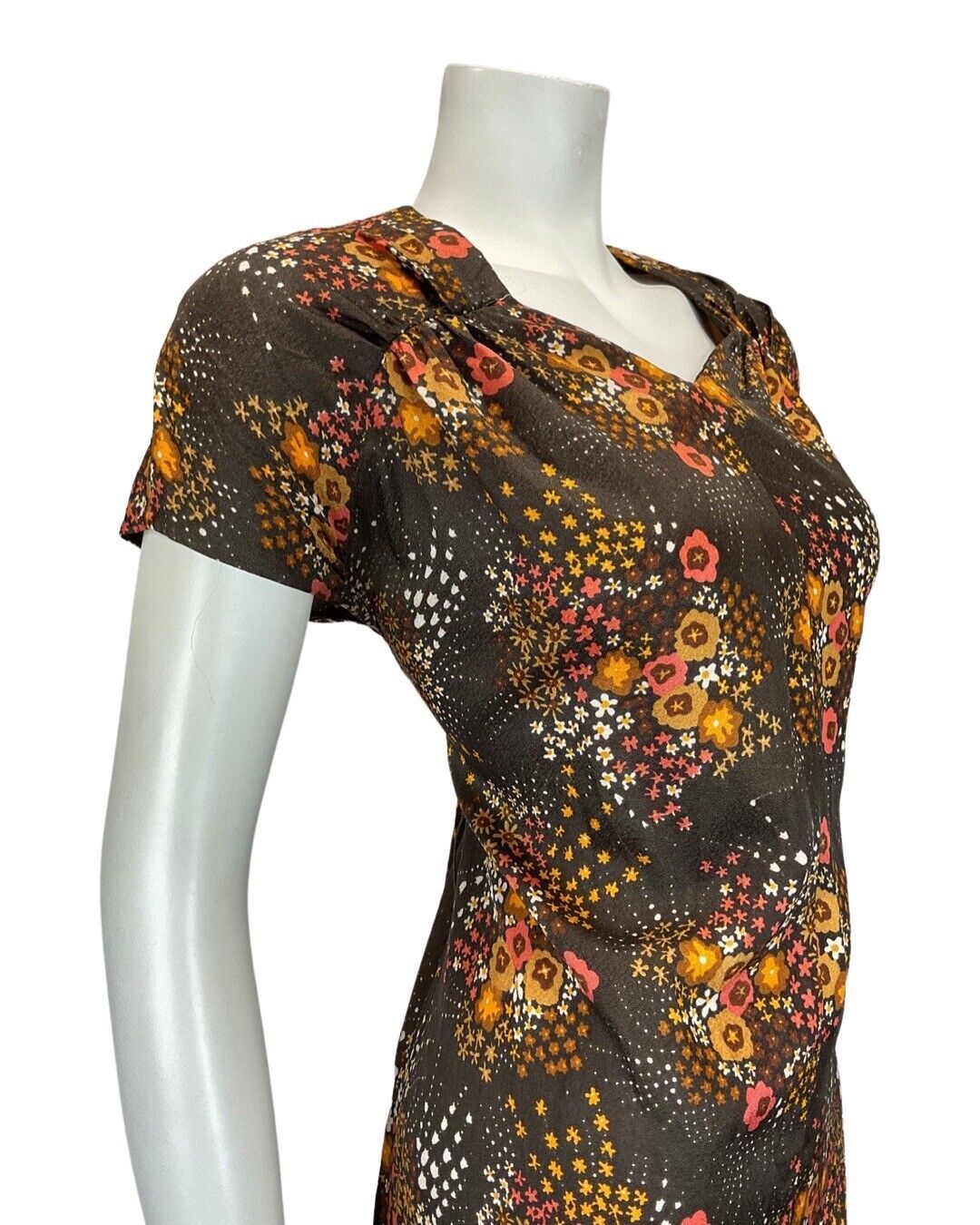 VINTAGE 60s 70s BROWN ORANGE DITSY DAISY FLOWER MOD CAP SLEEVE DRESS 12 14