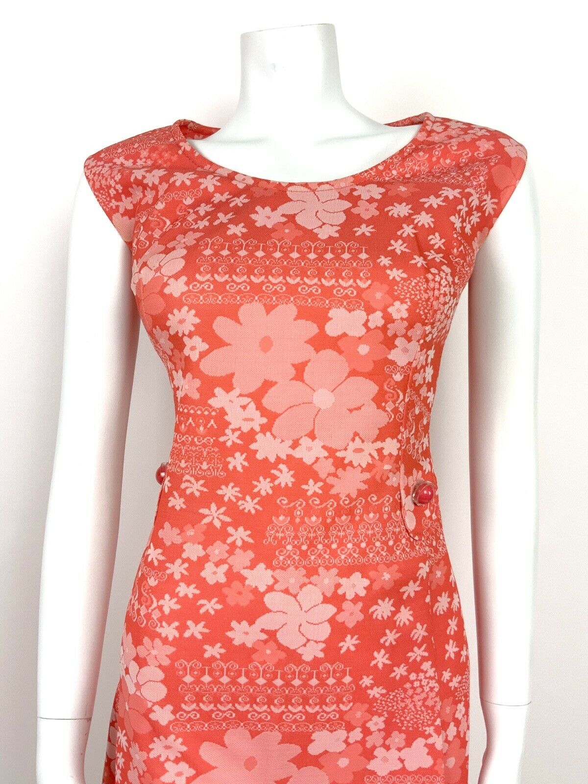 VTG 60s 70s ABSTRACT FLORAL CORAL ORANGE PINK WHITE A-LINE DRESS 16 18