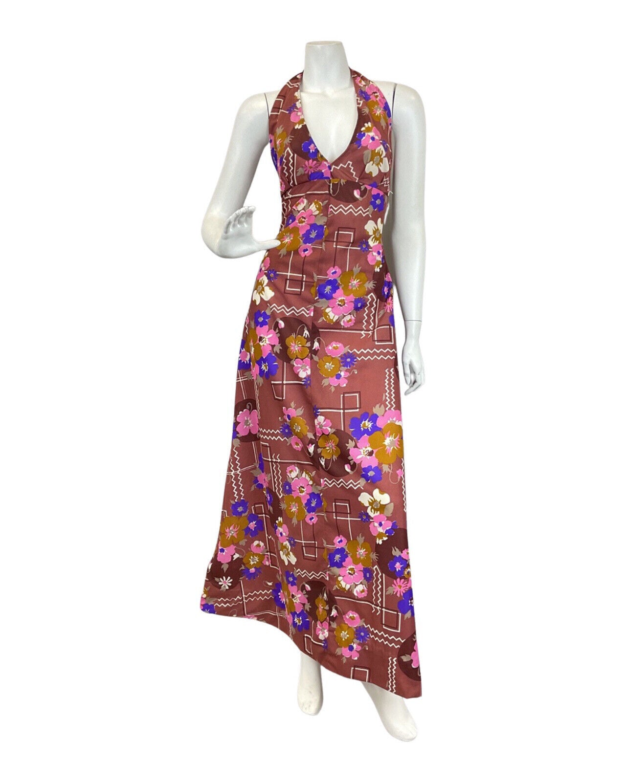 VINTAGE 60s 70s BROWN PINK PURPLE FLORAL GEOMETRIC MOD HALTER MAXI DRESS 10 12