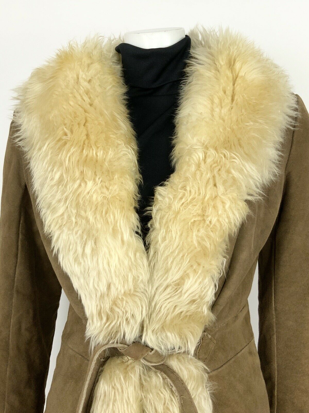 VINTAGE 60s 70s BROWN CREAM SUEDE SHEARLING AFGHAN FUR TRIM BOHO HIPPY COAT 8 10