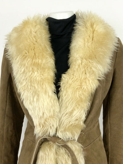 VINTAGE 60s 70s BROWN CREAM SUEDE SHEARLING AFGHAN FUR TRIM BOHO HIPPY COAT 8 10