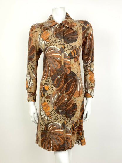 VINTAGE 60s 70s BROWN GREY ORANGE WHITE FLORAL PSYCHEDELIC SHIRT DRESS 14 16