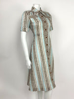 VTG 60s 70s BLUE BROWN WHITE GOLD WAVE OP ART DAGGER COLLAR SHIRT DRESS 8 10