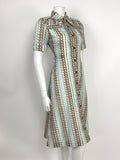 VTG 60s 70s BLUE BROWN WHITE GOLD WAVE OP ART DAGGER COLLAR SHIRT DRESS 8 10