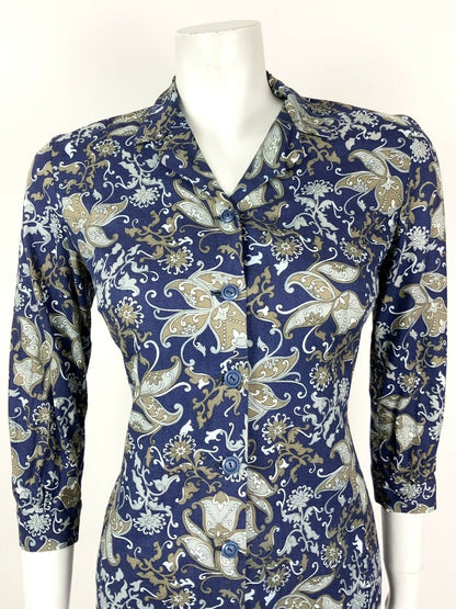 VINTAGE 60s 70s BLUE SILVER BROWN FLORAL PAISLEY PSYCHEDELIC SHIRT DRESS 10