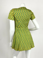 VTG 60s 70s GREEN YELLOW BLUE GEOMETRIC OP-ART SWEETHEART A-LINE MINI DRESS 6