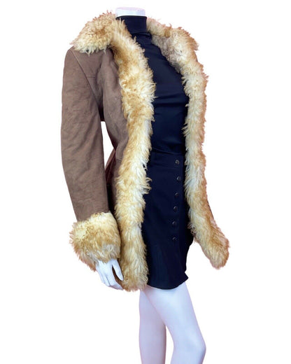 VINTAGE 60s 70s PEANUT BROWN CREAM SUEDE BOHO PENNY LANE SHEARLING COAT 10 12