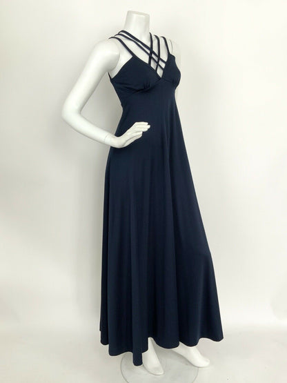 VINTAGE 70s NAVY BLUE STRAPPY CROSS HATCH ELEGANT STUDIO MAXI DRESS 6