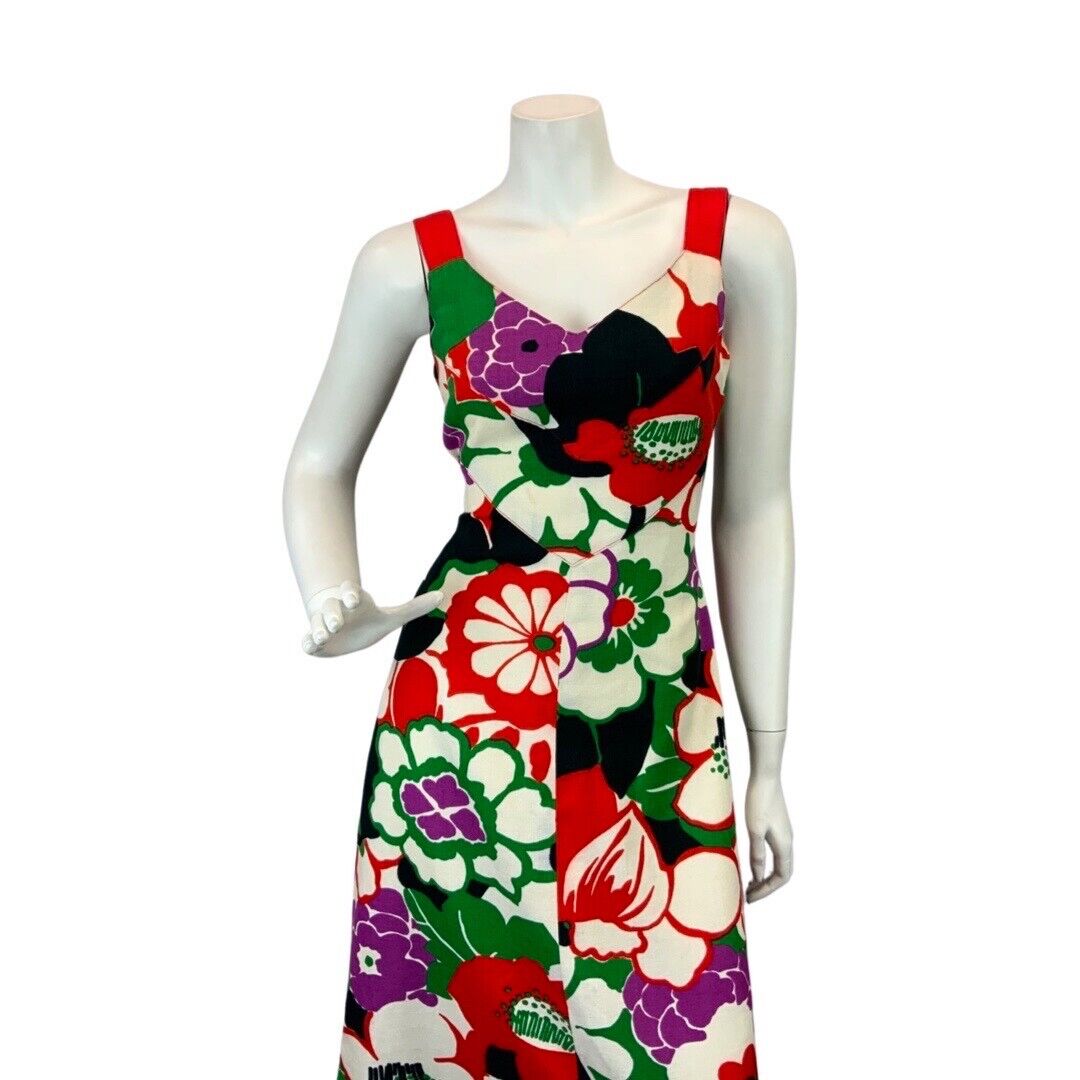 VINTAGE 60s 70s WHITE RED GREEN PSYCHEDELIC FLORAL SLEEVELESS MAXI DRESS 10