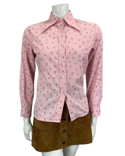 VINTAGE 60s 70s PINK BLUE RED FLORAL DAISY PRINT DAGGAR COLLAR SHIRT 12