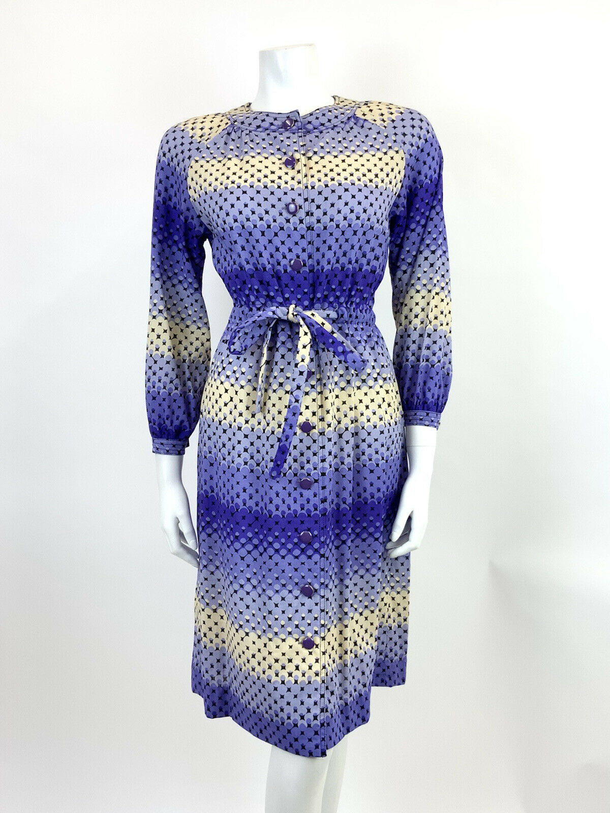 VINTAGE 60s 70s PURPLE CREAM BLACK OMBRE DOTTY GEOMETRIC MIDI DRESS 12 14