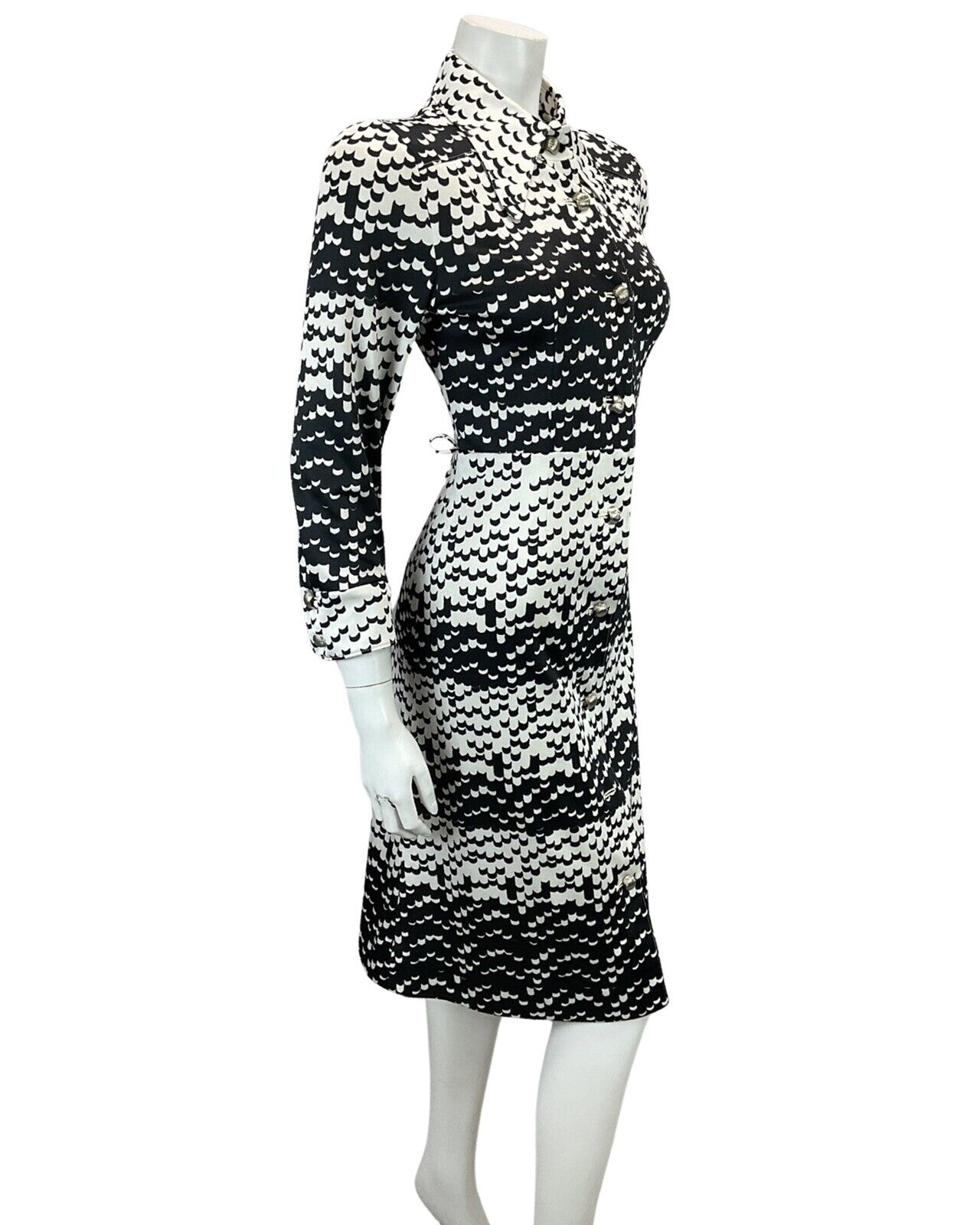 VINTAGE 60s 70s WHITE BLACK ABSTRACT PATTERN MOD BOHO MIDI DRESS 12 14