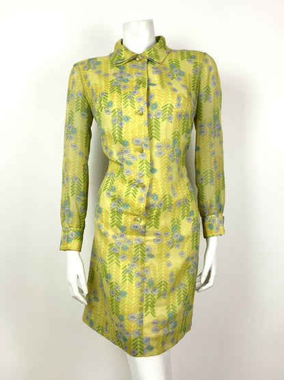 VINTAGE 60s 70s LIME GREEN LILAC BLUE HERRINGBONE FLORAL DAISY SHIRT DRESS 10 12