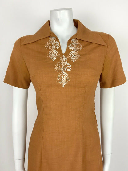 VINTAGE 60s 70s BROWN WHITE FLORAL EMBROIDERED WING COLLAR FOLK DRESS 10