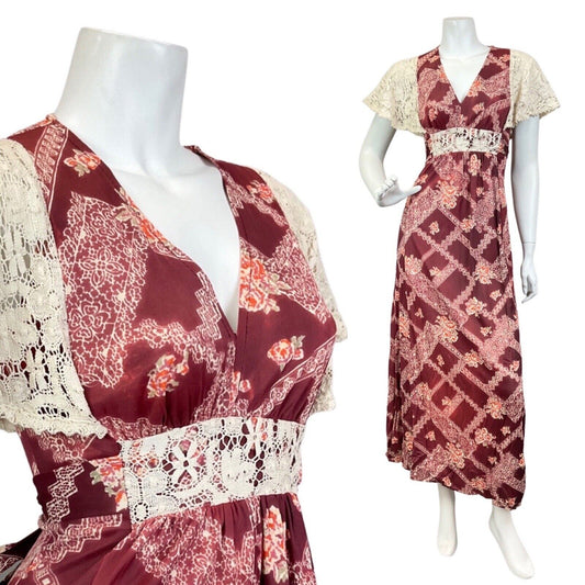 VINTAGE 60s 70s WINE RED CREAM CROCHETED FLORAL MANDALA BOHO MAXI DRESS 8