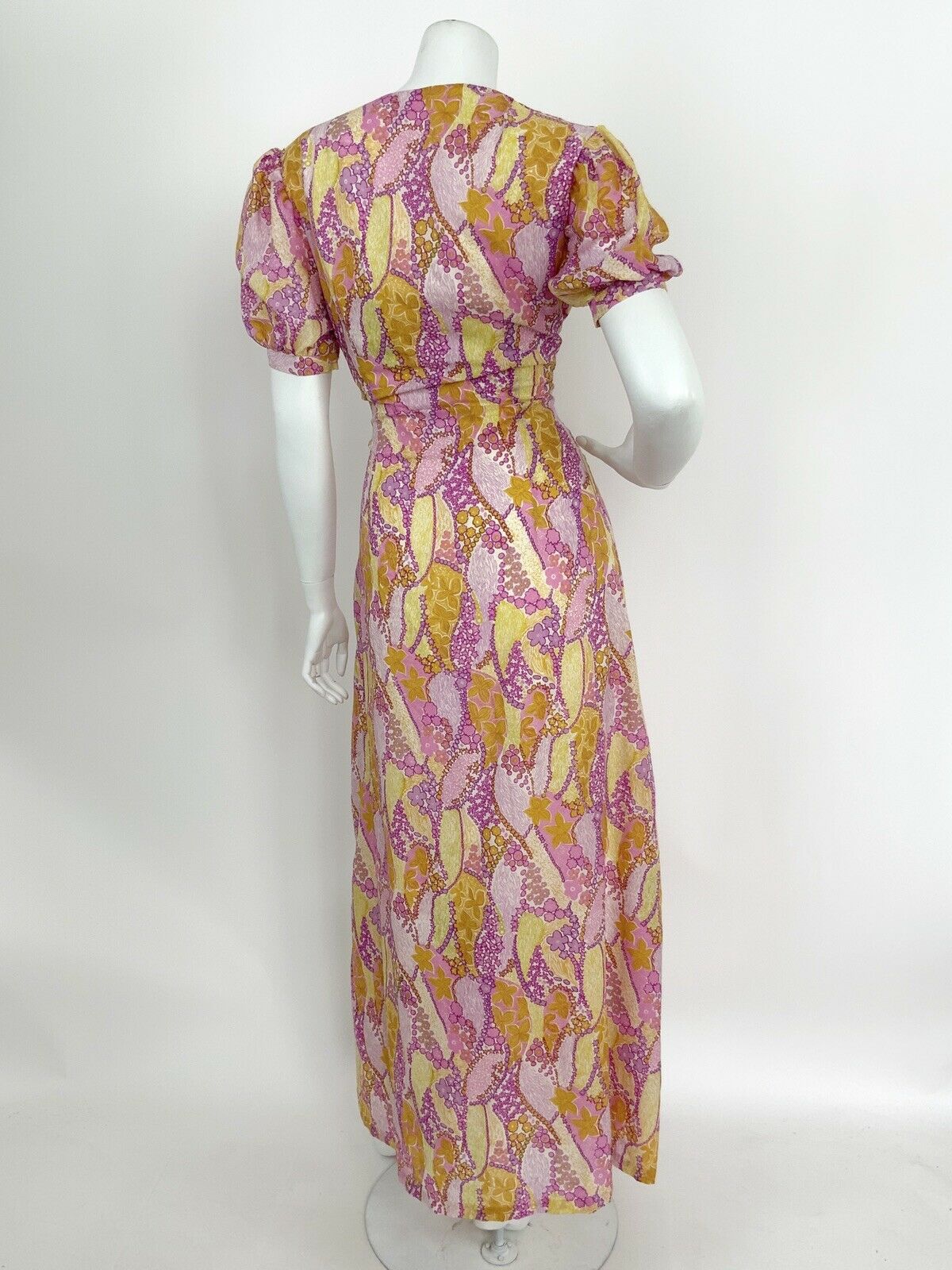 VTG PINK YELLOW PURPLE WHITE FLORAL STAR PSYCHEDELIC PUFF MAXI DRESS 10