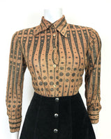 VTG 60s 70s BROWN BLACK GLITTER LUREX STRIPED DOTTY MOD DISCO DAGGER SHIRT 12