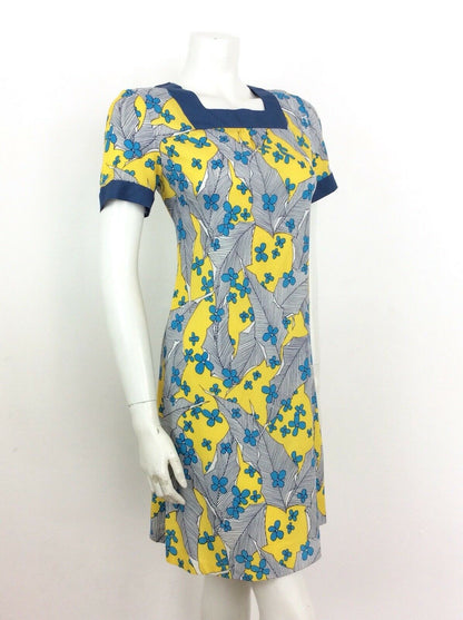 60s 70s VINTAGE YELLOW BLUE WHITE FLORAL TUNIC DRESS 10 12 14