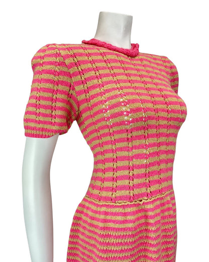 VINTAGE 60s PINK BEIGE STRIPED KNITTED CROCHETED MOD SUMMER SHORT DRESS 10