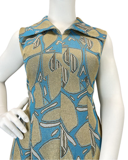 VINTAGE 60s 70s BLUE GOLD PSYCHEDELIC WING COLLAR SLEEVELESS MAXI DRESS 16