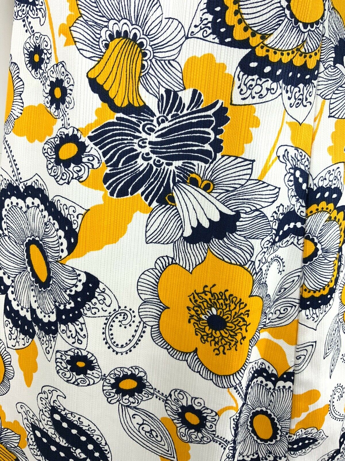 VTG 60s 70s BLUE YELLOW WHITE FLORAL SWIRL A-LINE MOD PSYCH FLOWER DRESS 12 14