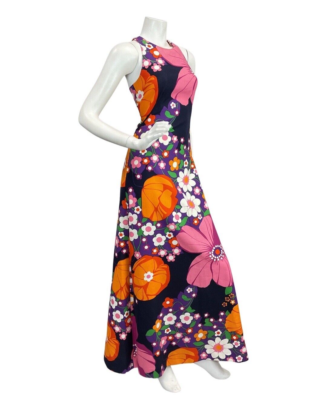 VINTAGE 60s 70s PINK BLUE ORANGE FLOWER DAISY MOD HALTER MAXI DRESS 8