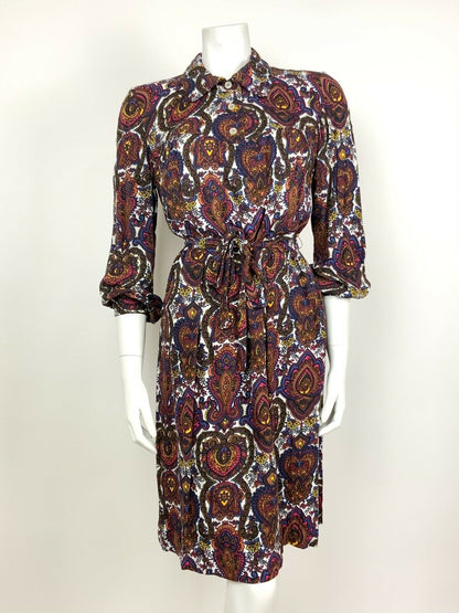 VTG 60s 70s WHITE BROWN BLUE RED PSYCHEDELIC PAISLEY FLORAL SHIRT DRESS 12 14