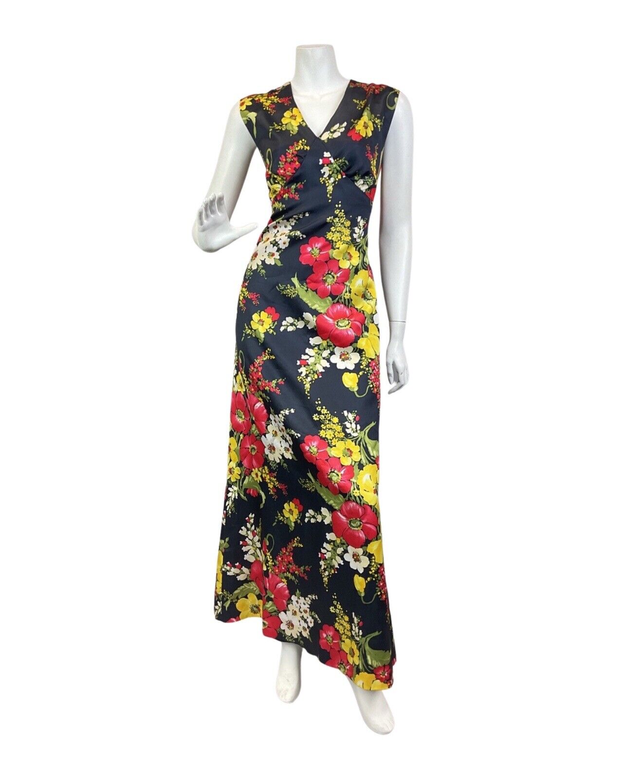 VINTAGE 60s 70s BLACK RED YELLOW PSYCHEDELIC FLORAL SLEEVELESS MAXI DRESS 10 12