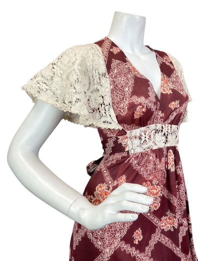 VINTAGE 60s 70s WINE RED CREAM CROCHETED FLORAL MANDALA BOHO MAXI DRESS 8