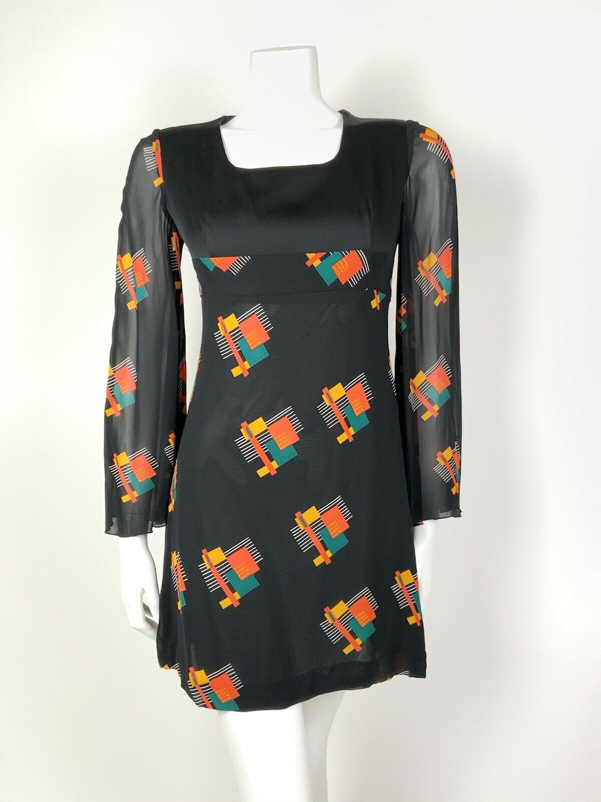 VTG 60s 70s BLACK ORANGE GREEN GEOMETRIC SHEER ANGEL SLEEVE EMPIRE LINE DRESS 8