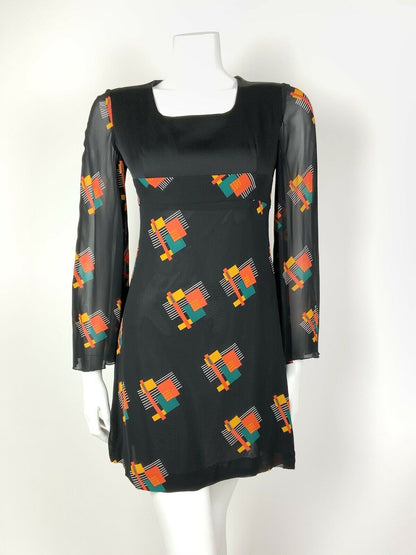 VTG 60s 70s BLACK ORANGE GREEN GEOMETRIC SHEER ANGEL SLEEVE EMPIRE LINE DRESS 8