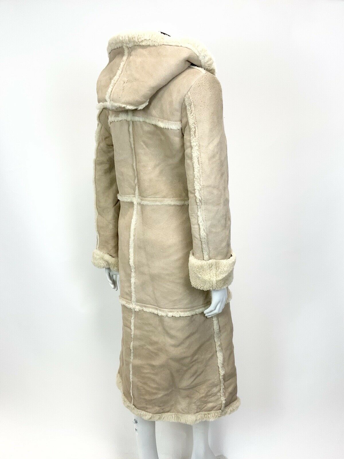 VTG 60s 70s BEIGE CREAM SHEARLING SHEEPSKIN HOODED TOGGLE BOHO MOD COAT 12 14