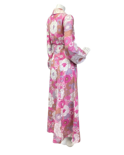 VINTAGE 60s 70s PINK PURPLE WHITE FLORAL PRAIRIE MOD WING COLLAR MAXI DRESS 8 10