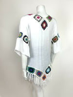 VTG 70s ETHNIC PEASANT WHITE TOP CROCHET BLUE PINK RED GYPSY TASSEL TOP 10 12 14