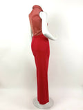 VTG 60s 70s MOD BRIGHT RED GOLD STRIPED ROLL NECK FESTIVE DISCO MAXI DRESS 8