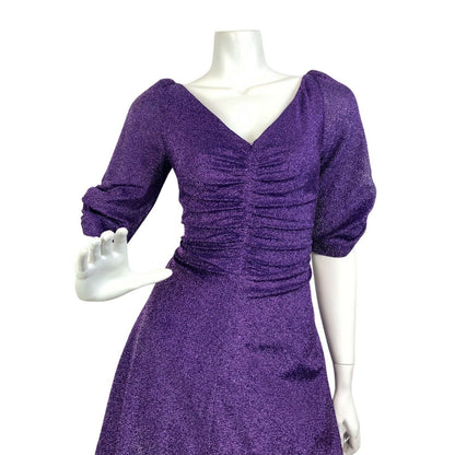 VINTAGE 60s 70s VIOLET PURPLE SPARKLY LUREX PUFF SLEEVE DISCO PARTY DRESS 8