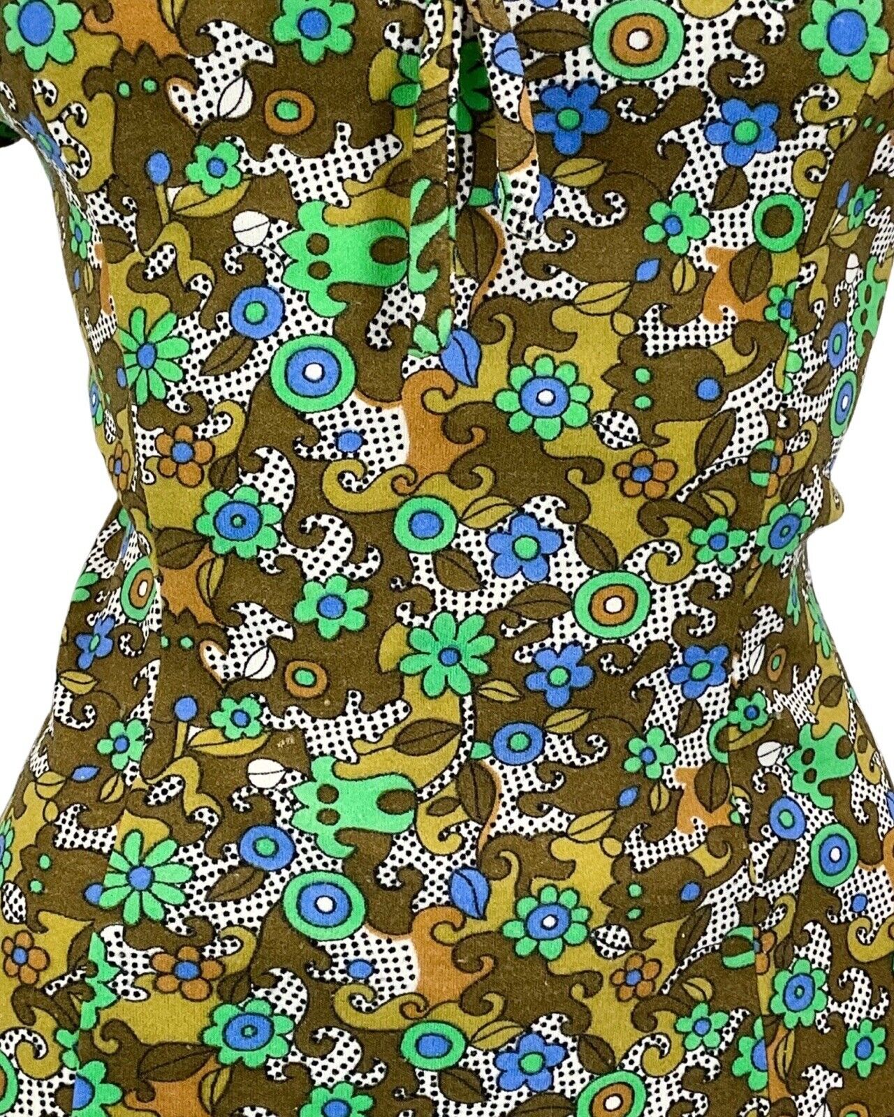 VINTAGE 60S 70S GREEN KHAKI BLUE FLORAL PSYCHEDELIC PRINT MINI DRESS 14