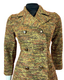 VTG 60s 70s BROWN GREEN YELLOW BOUCLE WOOL DOUBLE-BREASTED PRINCESS COAT 10 12