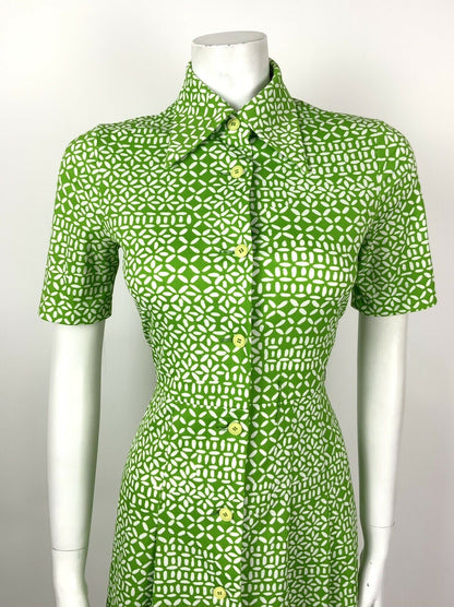 VINTAGE 60s 70s APPLE LIME GREEN WHITE DASH CROSS HATCH DAGGER SHIRT DRESS 10 12