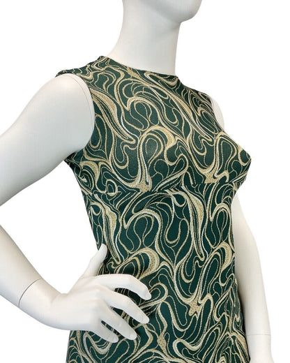 VINTAGE 60s 70s GREEN GOLD WHITE SWIRLING STUDIO 54 SLEEVELESS MAXI DRESS 14 16