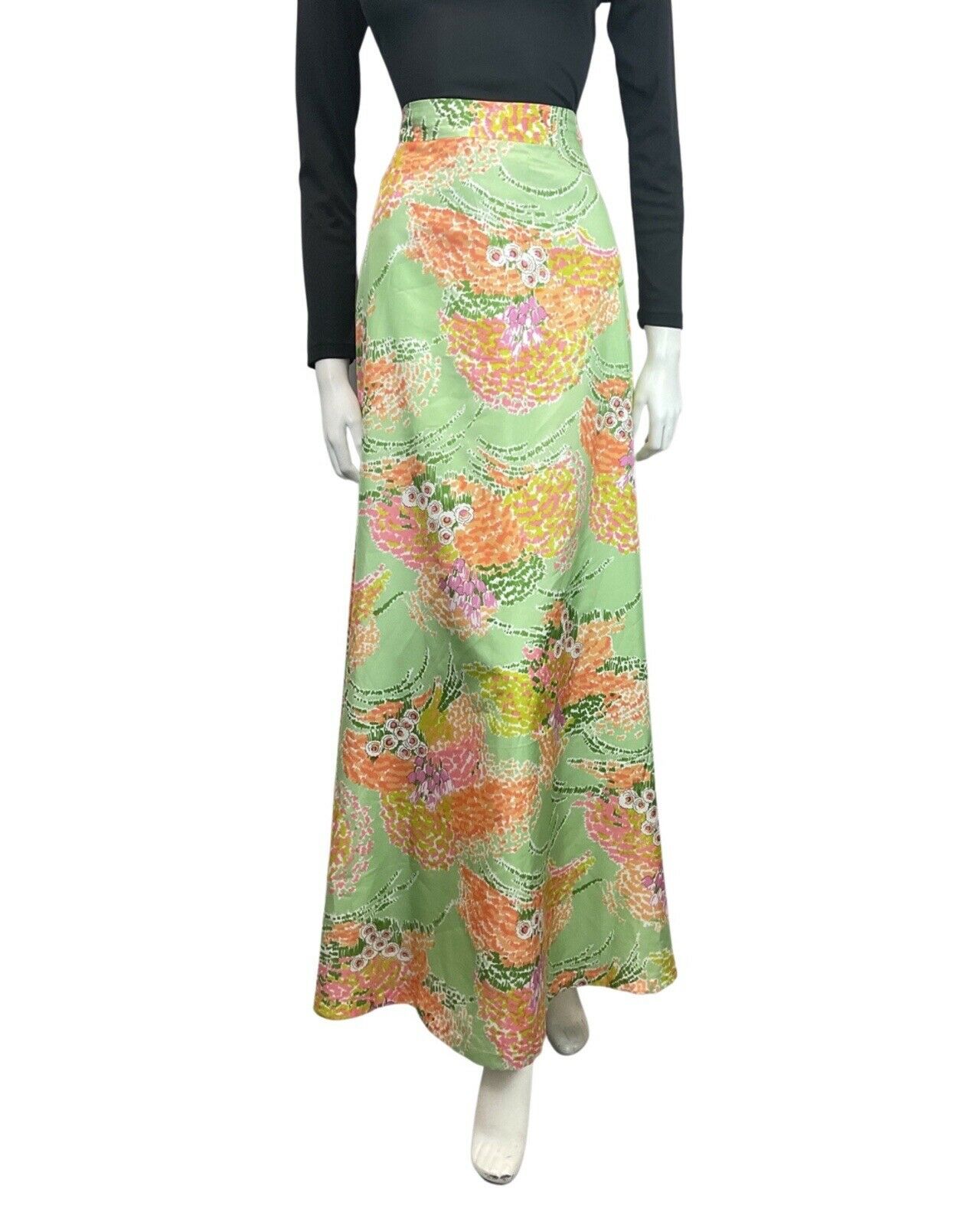 VINTAGE 60s 70s GREEN ORANGE LILAC FLORAL DITSY MOD BOHO MAXI SKIRT 10 12