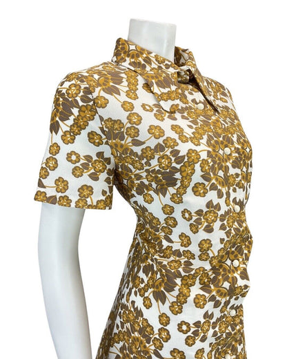 VINTAGE 60s 70s BROWN GOLD WHITE FLORAL LEAFY SPOON COLLAR MOD SHIRT DRESS 14 16