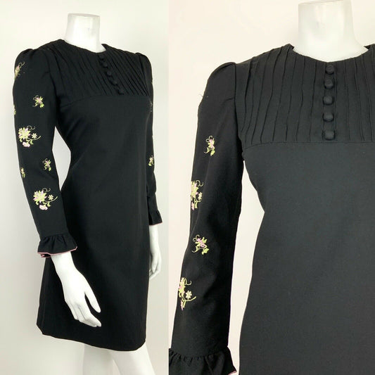 VINTAGE 60s 70s BLACK PINK LIME MINT GREEN FLORAL EMBROIDERY RUFFLE DRESS 8 10