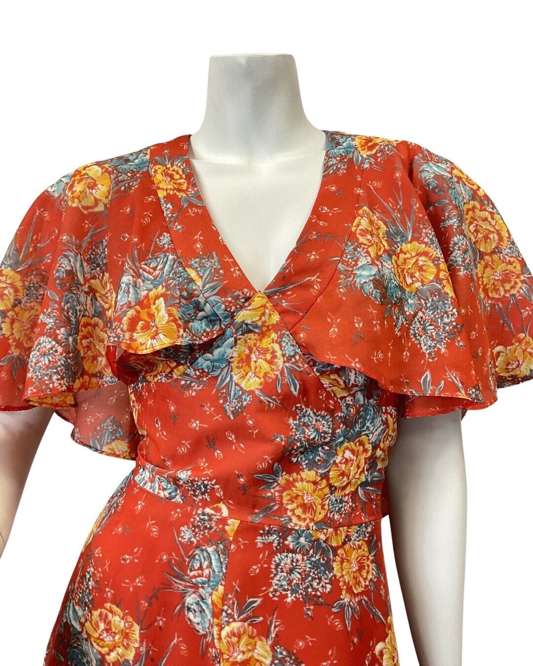 VINTAGE 60s 70s RED YELLOW BLUE FLORAL ROSE FLOWER CAPE SLEEVE BOHO MAXI DRESS 8