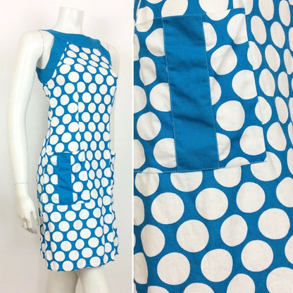 VTG 60S 70S BLUE WHITE SPOTTED COTTON SUMMER DRESS 8