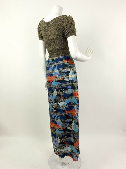 VINTAGE 60s 70s BLACK GOLD BLUE RED FLORAL PSYCHEDELIC GLITTER MAXI DRESS 10