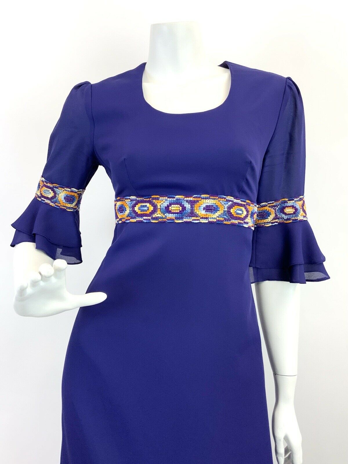 VTG 60s 70s PURPLE ORANGE BLUE EMBROIDERED GEOMETRIC MOD EMPIRE MAXI DRESS 10 12