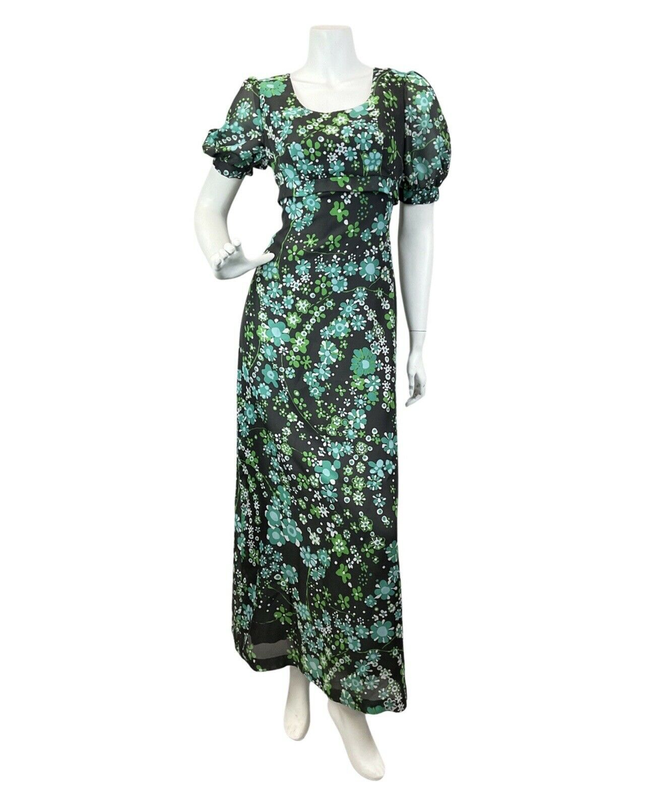 VINTAGE 60s 70s BLACK GREEN DAISY FLOWER PUFF SLEEVE MOD MAXI DRESS 10